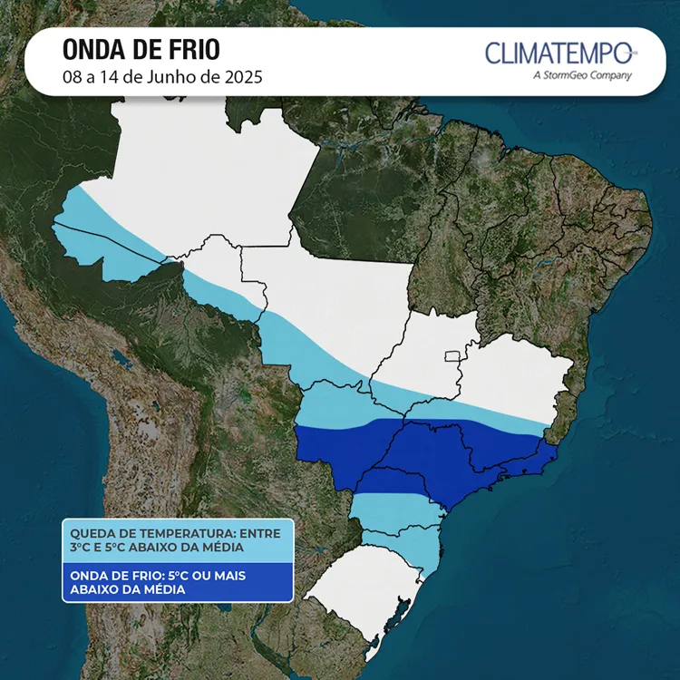O mapa mostras as áreas que terão baixa temperatura nos próximos dias
